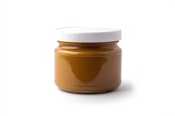 A single glass jar filled with peanut butter is centered on a white background