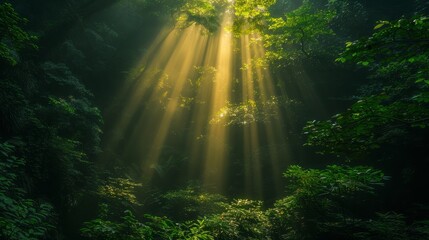 Fototapeta premium Enchanting green forest landscape with majestic trees and lush foliage illuminated by sunlight