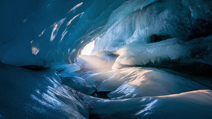 Obraz premium Glacial cave illuminated by soft light in an ethereal style showcasing icy textures.