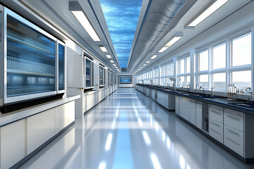 Fototapeta premium Modern laboratory interior with long corridor, stainless steel counters, and large windows.