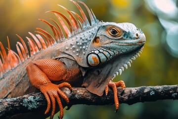 Obraz premium A vibrant iguana perched on a branch in a lush environment.