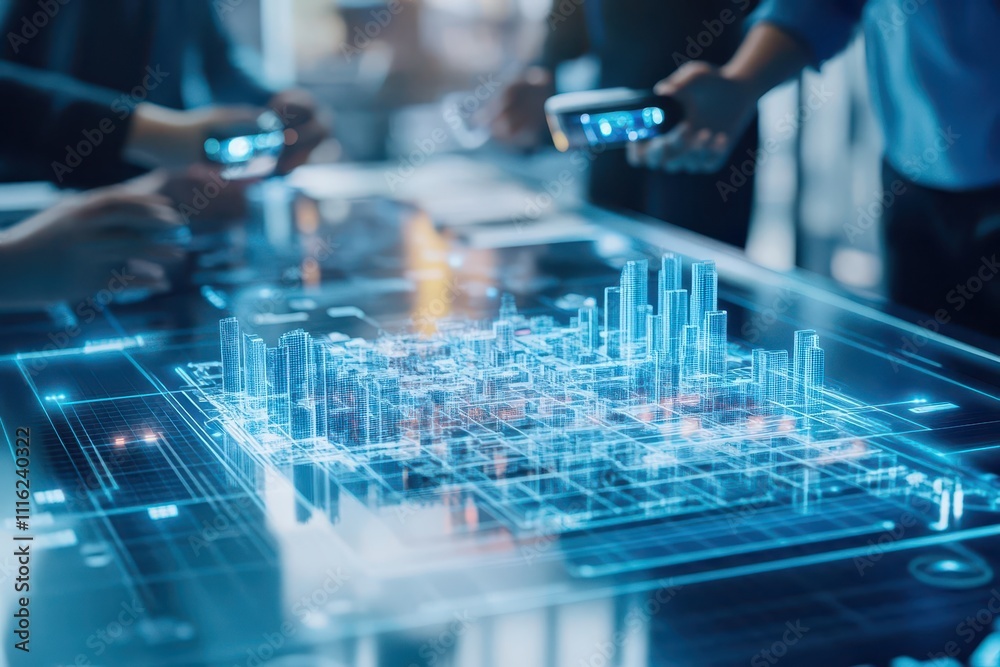 Poster A conceptual design of a holographic table displaying a 3D city model, with people collaboratively interacting with it using augmented reality glasses