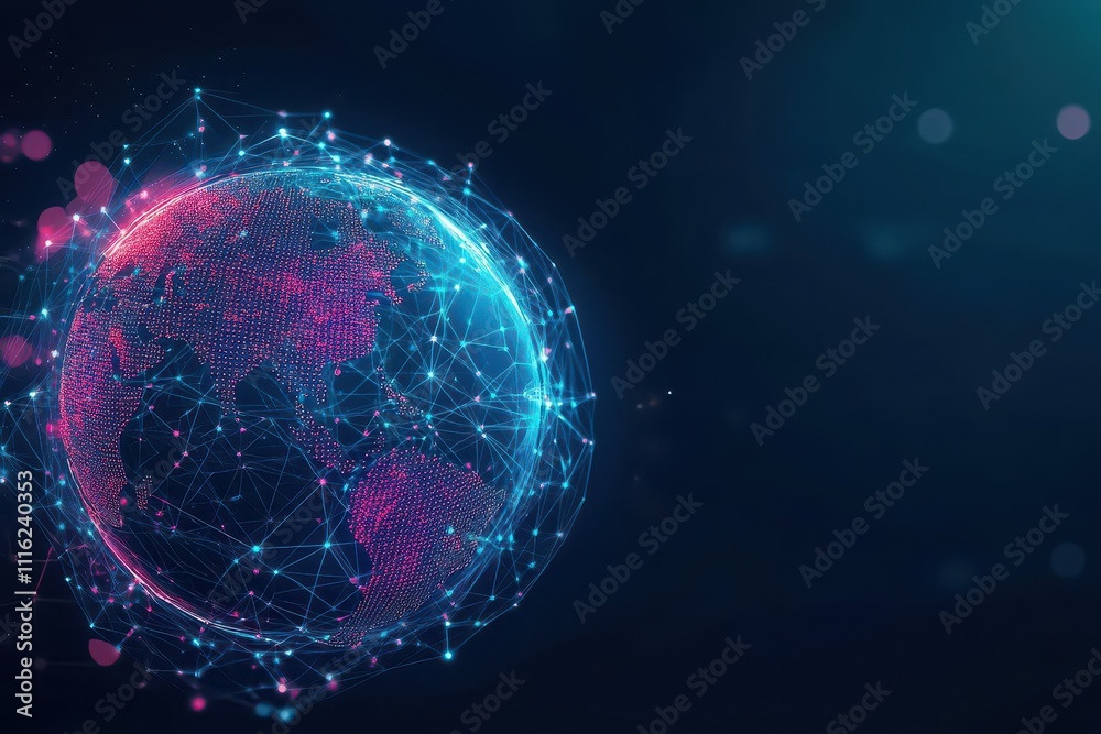 Aufkleber A concept of global networking visualized as interconnected glowing spheres, abstract digital art, soft gradients, balanced composition, dynamic energy
