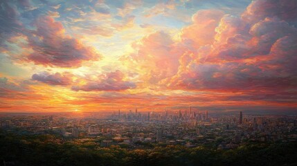 Fototapeta premium Breathtaking Sunset Over City Skyline with Colorful Clouds and Golden Horizon