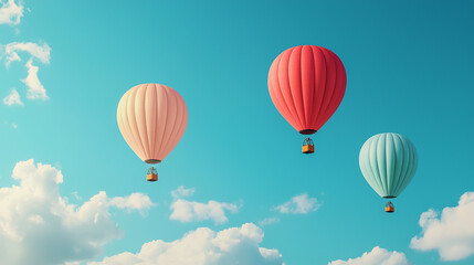 Fototapeta premium Three colorful hot air balloons soaring in a clear blue sky surrounded by fluffy clouds on a sunny day.