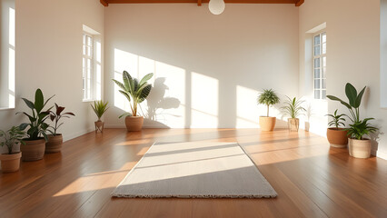 Minimalist yoga studio with wooden floors, natural light, potted plants in corners, and a soft neutra