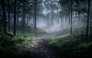 Obraz premium A serene forest path shrouded in mist, inviting exploration and tranquility.