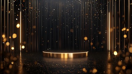 Elegant golden podium with dark background, glittering particles, and vertical light streaks.