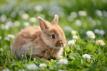 Fototapeta premium A cute rabbit sitting among flowers in a grassy field.