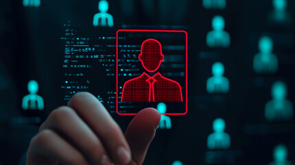 A digital interface displays human icons with a highlighted profile, symbolizing security and data protection in a futuristic setting.