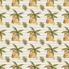 Fototapeten Dschungel Cute golden retriever puppies play among tropical leaves in a cheerful pattern  © Yuliia Kostenko