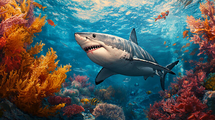 Obraz premium A great white shark swims through vibrant coral reefs, showcasing the beauty of marine life in a colorful underwater scene.
