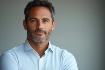 Obraz premium confident middle-aged businessman posing against a clean white background, exuding leadership and authority with a professional demeanor and approachable expression