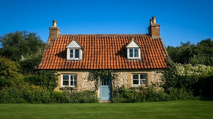 Stone Cottage with Red Tile Roof and Blue Door