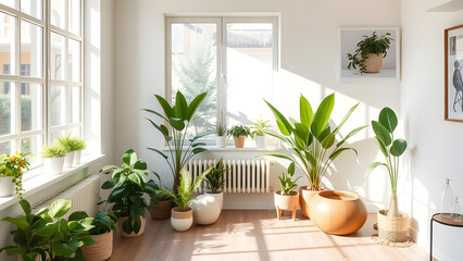 Peaceful health and wellness space with natural light, neutral tones, and plants arranged for a ca 