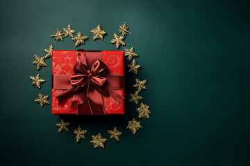 A top-view composition of red gift box wrapped in a luxurious golden ribbon on a green background