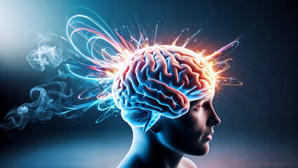Obraz premium Human brain exploding in vivid colors, representing creativity and knowledge. Generative AI