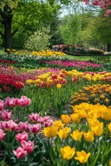 A vibrant garden filled with colorful tulips and blooming flowers.