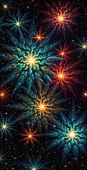 Fototapeta premium Cosmic Fireworks Teal, Red, Fractal Starbursts in Deep Space. Generative AI