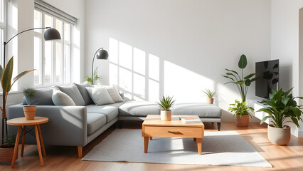  Scandinavian-style living room with a plush grey sofa, natural light, and indoor plants arrang