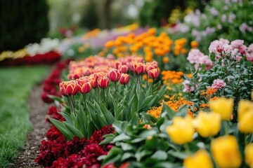 A vibrant garden featuring colorful tulips and various blooming flowers.