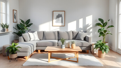  Scandinavian-style living room with a plush grey sofa, natural light, and indoor plants arrang