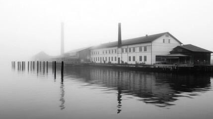 Obraz premium Serene Waterfront Landscape in Mist and Reflections