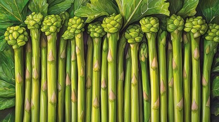 Fototapeta premium Fresh Green Asparagus Stalks with Vibrant Leaves on Wooden Background
