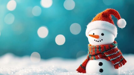 Fototapeta premium A cheerful snowman wearing a festive hat and scarf stands against a shimmering blue background, embodying the spirit of winter and the holiday season.