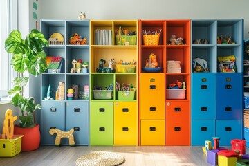 Vibrant and practical storage room featuring colorful lockers and shelving for children s safety