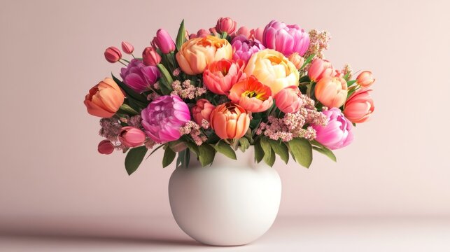 A stunning arrangement showcases a mix of colorful tulips and peonies in a sleek white vase. The soft pastels and vibrant hues create an inviting ambiance, perfect for brightening interiors