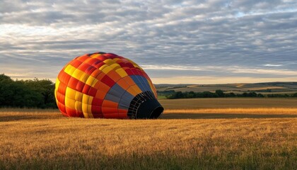 Obraz premium A colorful hot air balloon resting in a golden field at sunset.