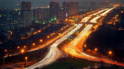 Fototapeta premium Night cityscape with illuminated highway and traffic light trails.