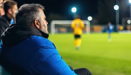 A middle-aged man watches an evening soccer game, sitting on the stands in a winter jacket, reflecting a sense of anticipation and community in sports events.