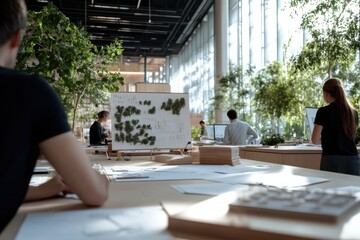 An innovative office environment with professionals collaborating over design concepts, showcasing a blend of technology and nature in a bright and engaging workspace.