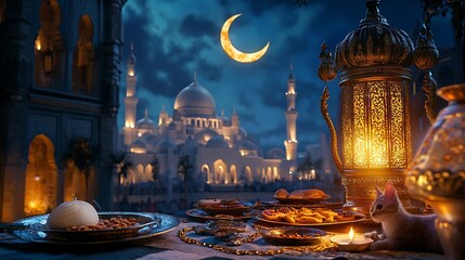 Ramadan Feast Underneath Crescent Moon And Mosque