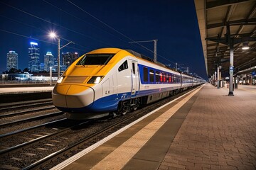 Fototapeta premium High-Speed Train in Nighttime Railroad Station with Blurred City Skyline