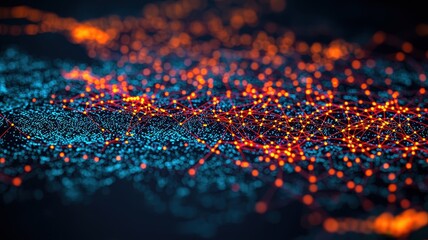 Mobile payment efficiency concept. Abstract digital landscape with vibrant blue and orange light patterns representing data and connectivity.