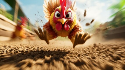 A determined-looking cartoon chicken charges forward into a dusty terrain, creating a captivating scene of speed and focus, with vibrant colors and artistry.
