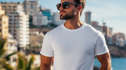 A confident man in a plain white t-shirt and sunglasses set against a bustling urban cityscape, capturing the essence of contemporary casual style and charisma.