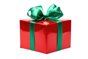 Vibrant red Christmas present designed with a glossy texture, complemented by an oversized, sparkling green ribbon that creates a joyful and celebratory vibe. 