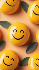 Fototapeta premium A collection of vibrant yellow smiley faces, each adorned with green leaves on an orange background, creating a vivid and cheerful composition that's uplifting.