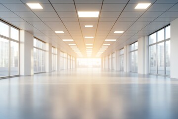 Fototapeta premium Bright and Spacious Empty Modern Office Interior with Large Windows and Natural Light Streaming In, Ideal for Business Transformation or Design Planning
