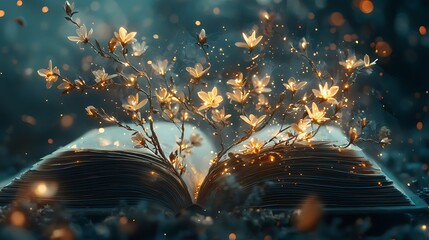 Magical Book with Glowing Flowers: A Fantasy Illustration of Enchantment and Wonder