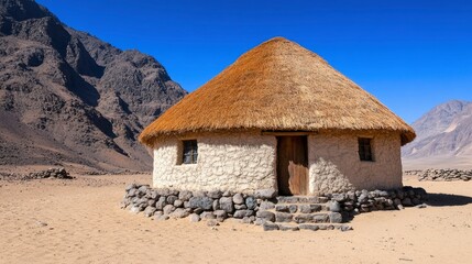 Traditional Stone and Thatch Hut in Arid Mountain Landscape