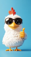 Fototapeta premium A cute animated chicken character dons cool sunglasses and gives a thumbs-up set against a lively blue background, evoking a sense of happiness and playfulness.