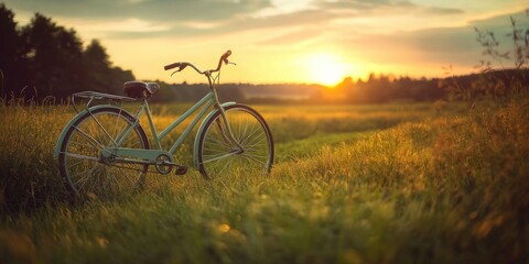Obraz premium Vintage bicycle in a summer grass field at sunset, embodying a classic bicycle aesthetic. Perfect for greeting cards, this old bicycle style captures the essence of warm summer evenings.