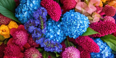 Colorful bouquet featuring amaranth, hydrangea, and blue veronica, beautifully arranged to showcase the charm of amaranth and hydrangea alongside the vibrant blue veronica in floral artistry.