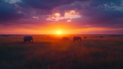 Obraz premium African savanna sunset; elephants silhouetted.