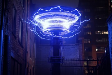 Captivating Electric Arc of a Tesla Coil Illuminating the Night Sky with Vibrant Blue Lightning and Dynamic Energy Among Urban Architecture and Buildings